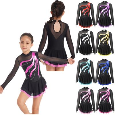 Rochie de dans pentru fete cu mânecă lungă, decorată cu strasuri, cu spatele gol, rochie tricou pentru patinaj artistic pentru fete