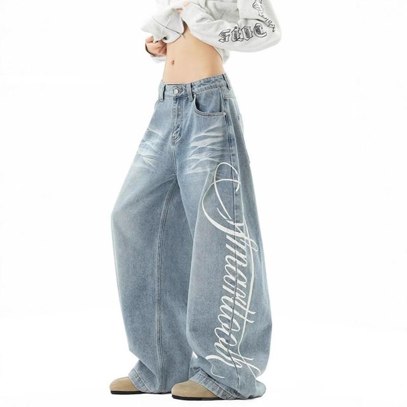 Vintage Washed Distressed Printed Jeans Men Women Loose Wide Leg Dropped Streetwear