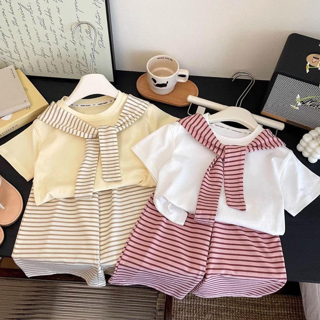 Mädchen Dopamin Gestreifter Schal & Weitbein Hose Set - Sommer 2025 Kollektion