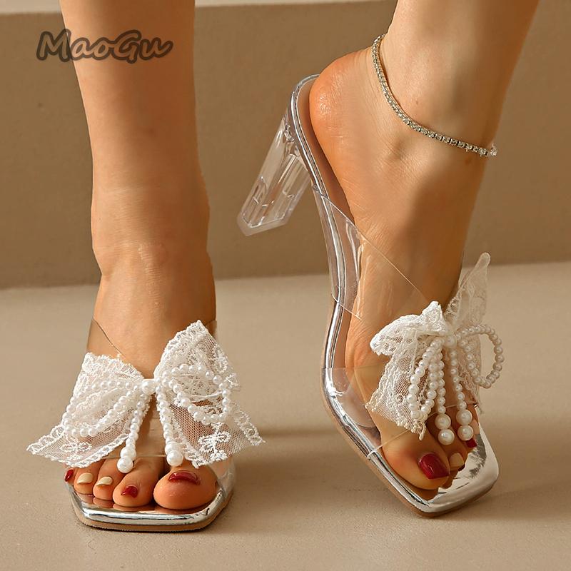 Fashion Lace Pearl Bowknot High Heel Slippers for Women Summer Square Toe Transparent Heeled Pvc Sandals Woman Fashion Party Dress Shoes