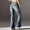 Damen Jeans mit hohem Bund, Farbverlauf, Retro-Taschen, schmale Passform, volle Länge, farbecht, ausgestellter Saum, Reißverschluss, Knopfverschluss, Lady Long Tr