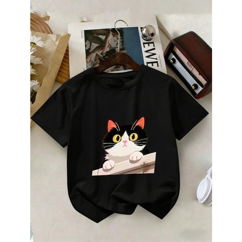 European sizes Girls' And Boys' Short-Sleeve T-Shirts Made of Featuring a Black And White Cartoon Cat Design in an Anime Style
