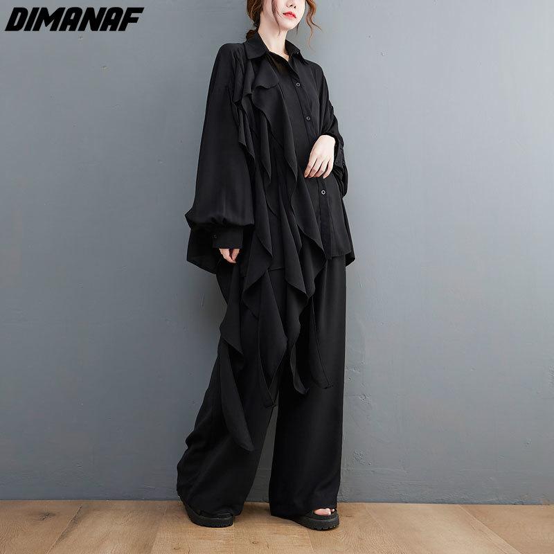 DIMANAF 2021 Women Two Piece Set Casual Tassel Lace Tops Shirts Autumn Loose Wide Leg Pants Oversized Spring Summer Oversize