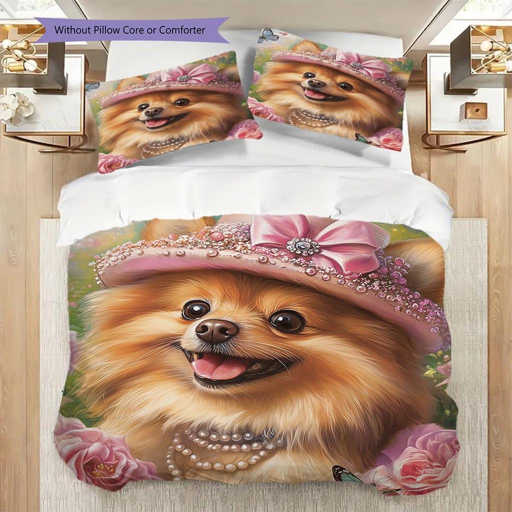 Pomeranian Pattern Bedding Quilt Set Quilt Cover Pillowcase Home Decoration Birthday Gift (1 * duvet cover + 2 * pillowcase, without core)