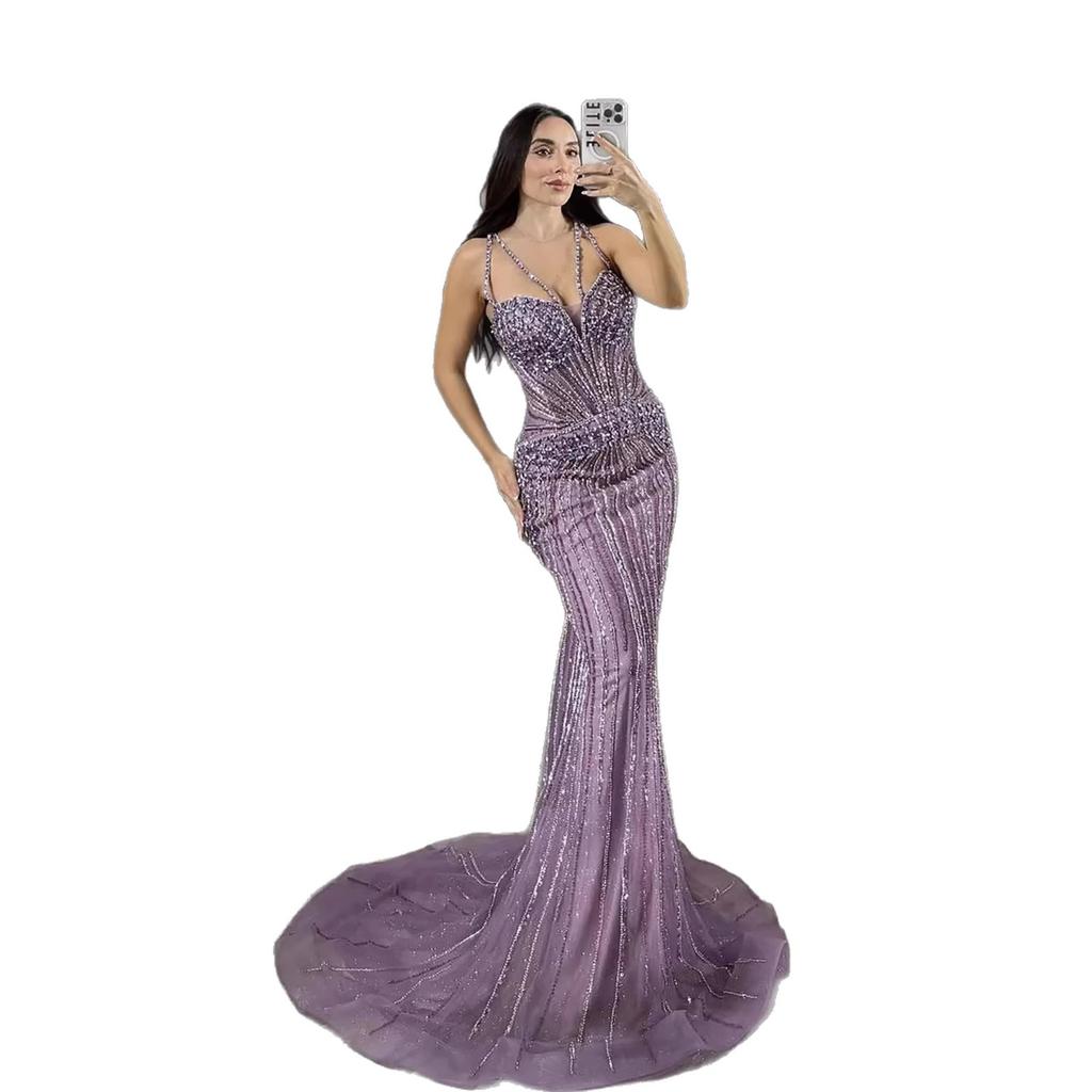 Purple luxury suspender beads light luxury niche solo performance banquet host evening dress dress LA11180