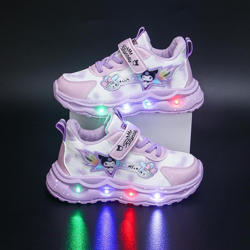 Kuromi Girls' Sneakers with Lights, New Autumn Model, Children's Leather Upper, Non-slip Soft Sole Running Shoes for Toddlers