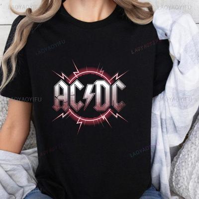 Moda Retro ACDC Banda Estampada Camiseta Tops ACDC Tendência Harajuku Feminina Universal Camisa Padrão Algodão Harajuku Camiseta