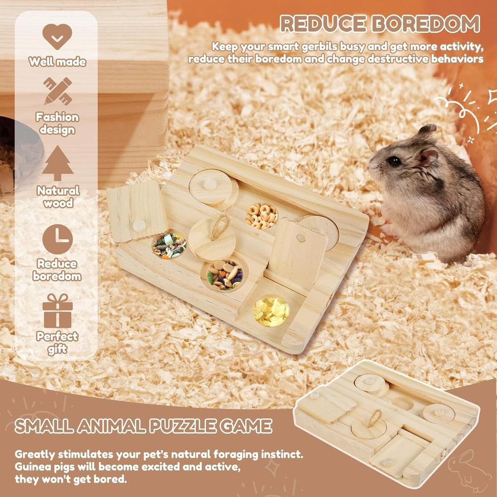 Guinea Pig Foraging Toys 6 In 1 Wooden Hamster Enrichment Interactive Foraging Puzzle Treat Dispenser Game Mental Stimulation Chew Toys for Small