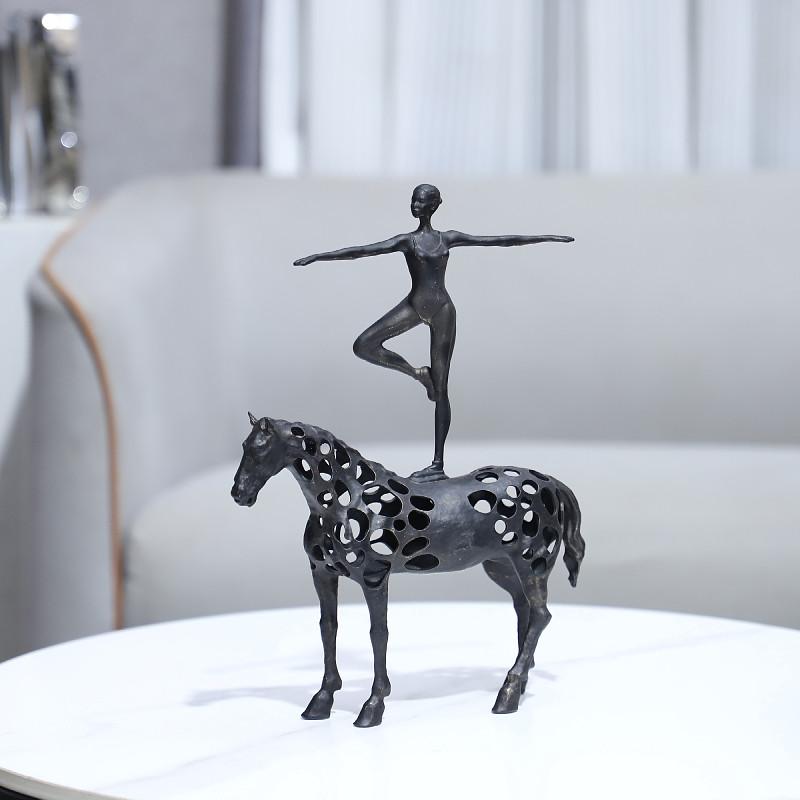 Cast Iron Hollow Horse Dancing Girl Ballet Dancer Dancing Horse Statue on Horseback Metal Figurine Sculpture of Realistic Animal