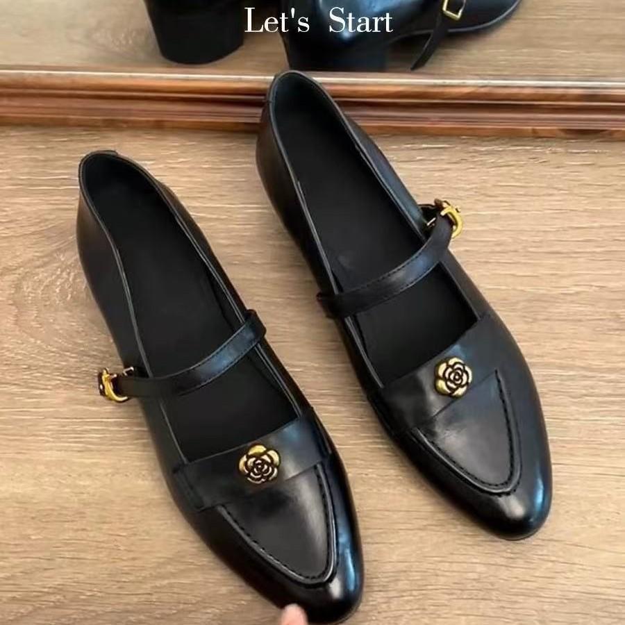 

Версия из коровьей кожи~ Новые ретро кожаные туфли-лодочки с камелией на толстом каблуке для женщин, на весну и осень 40