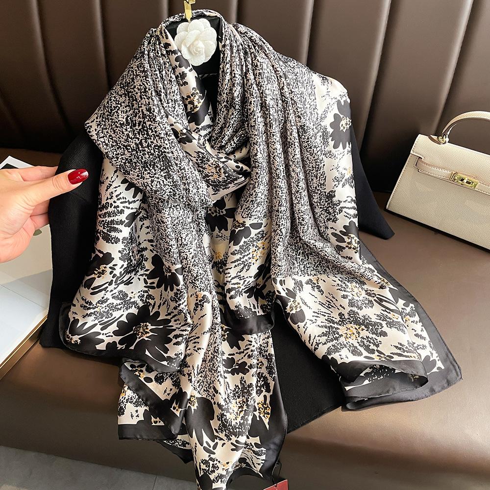 New silk scarf new silk satin printed shawl holiday fashion sunscreen long section simulation silk scarf