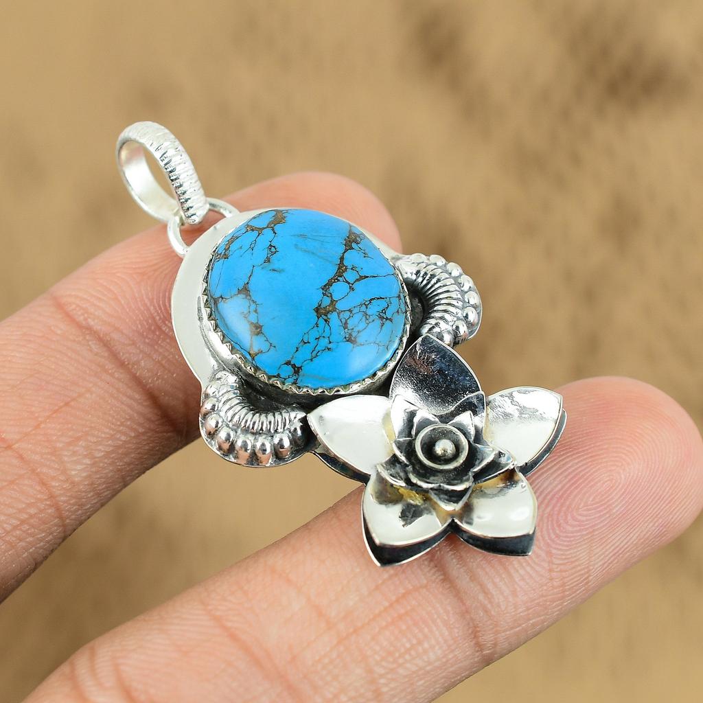 Sterling Silver Oval Tibetan Turquoise Gemstone Daughter Flower Pendant Jewelry
