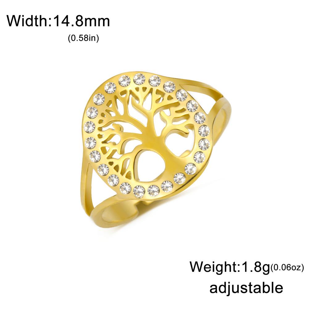 Teamer Tree of Life with Clear Zircon Ring Adjustable Stainless Steel Finger Ring for Women Girls Exquisite Amulet Jewelry