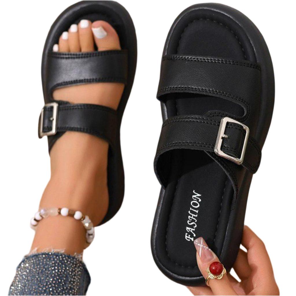 Women's Open Toe Casual Flat Slide Sandals Adjustable Buckle Thick Sole Summer Slip On Comfort Footwear