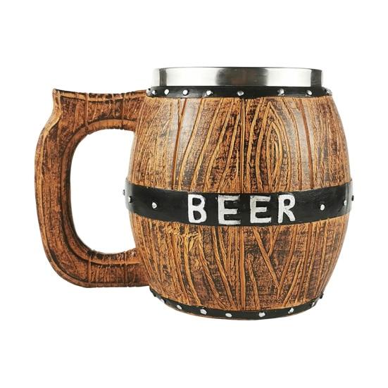 Stainless Steel Beer Mug, Wood Barrel Design Steins, Retro BEER Logo & Rivets, Large Capacity Tankard for Bars Parties Home 450ML