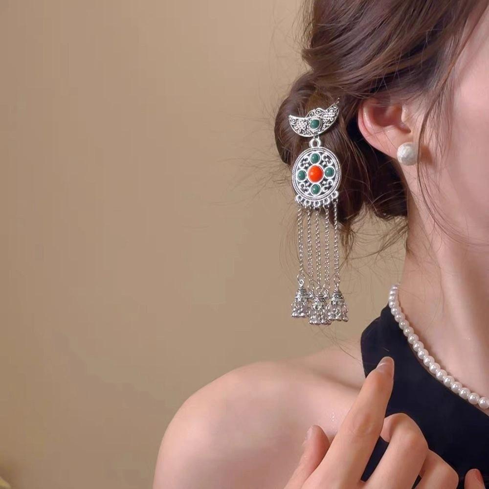 Silver Ethnic Style Hair Stick Ancient Hanfu Hair Fork Retro Crescent Shape Tassel Hairpin  Women