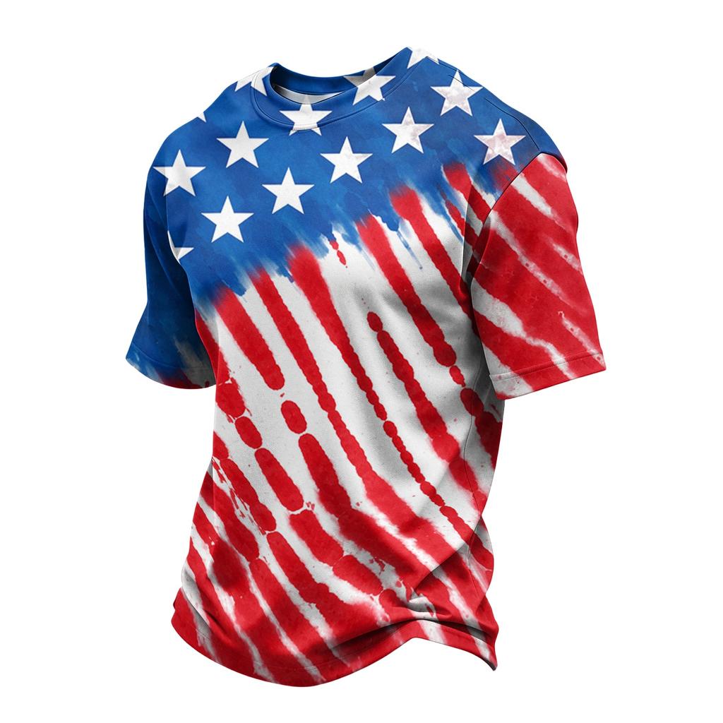 Men Crew Neck Short Sleeve T Shirt with Independence Day Flag Print Casual Regular Fit Comfortable Top