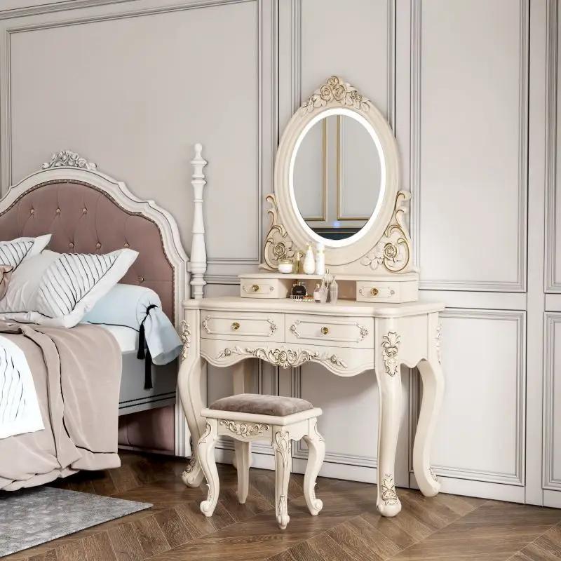 European Dressers Vanity Table Set with Mirror White Makeup Desk with Drawers & Stool - Small Wood Dressing Table for Bedroom