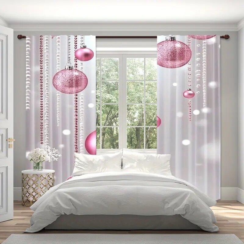 Christmas pink Christmas ball printed curtains   pole bag curtains   bedroom and living room   home decoration   room decoration