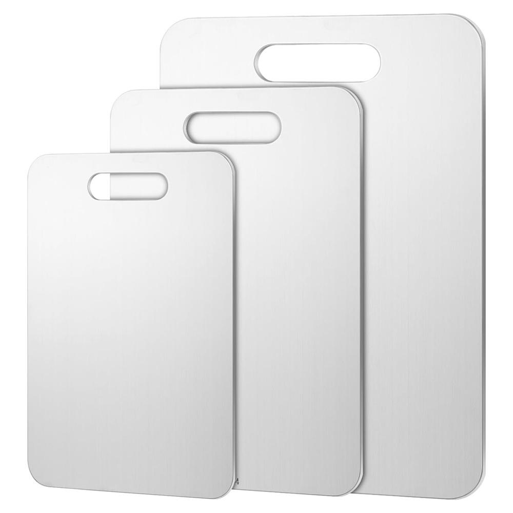 

Double-Sided Stainless Steel Cutting Board with Round Edges and Hanging Hole, Ideal for Kneading Dough and Rolling Pin Use. Round Hanging Hole Size 25*15CM
