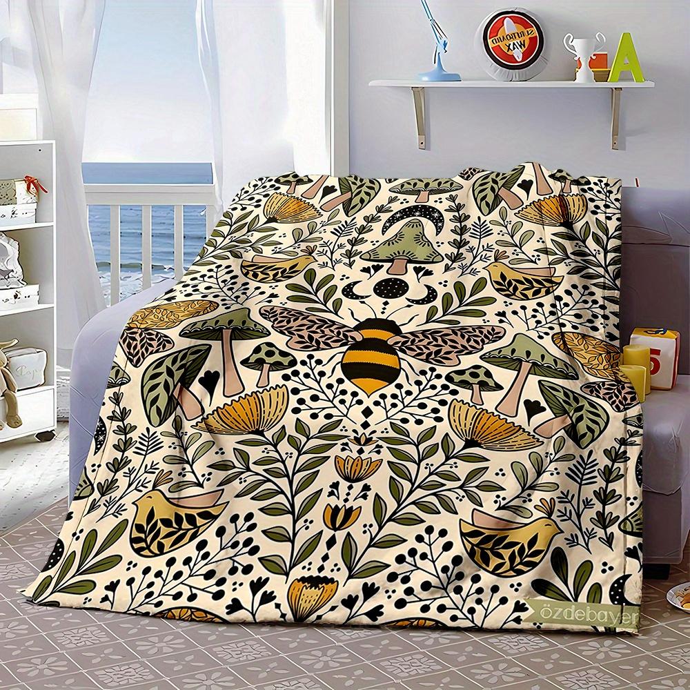 Florale Bienen-Print Decke, Mehrfarbig, Polyester, Zeitgenössischer Stil, Ganzjahres, Wendbar, Weich und Warm, Kein Fusseln,