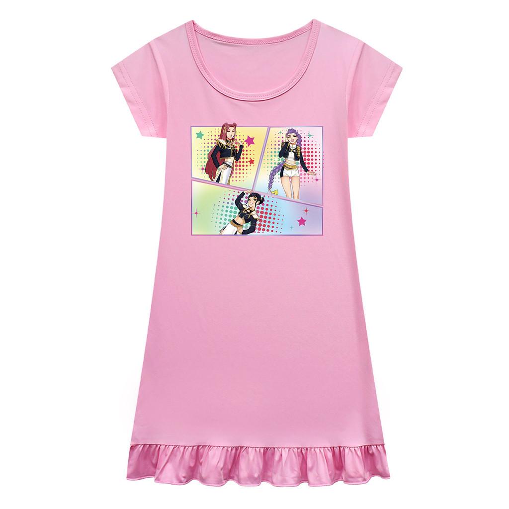Barn Flickor Anime Tecknad K-POP Rumi Tryck Plisserad Kortärmad Casual Rundhalsklänning