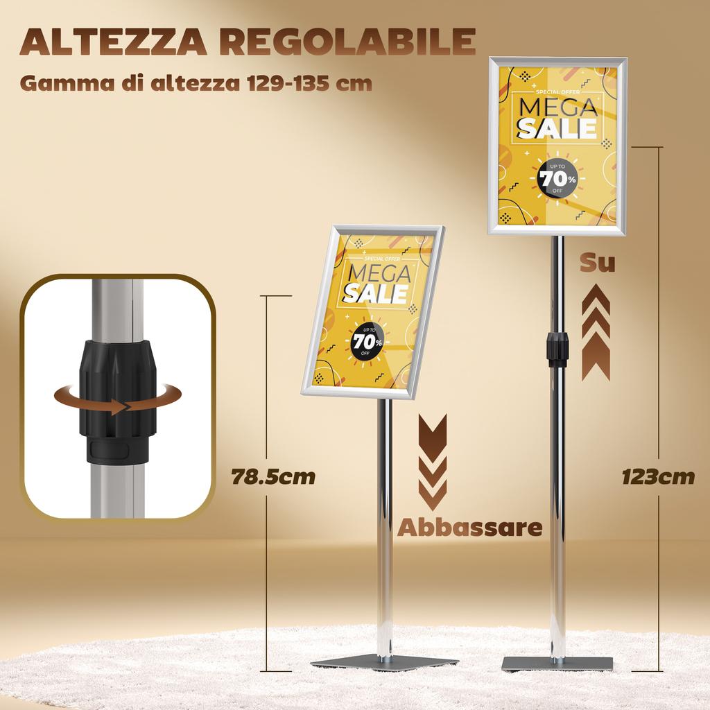 A3 Poster Display Stand with Adjustable Height and Tilt, Steel and Aluminum, Silver