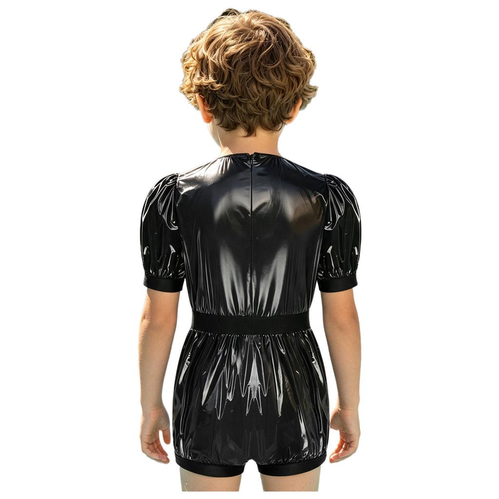 Unisex Kids Waterproof Bodysuit Puff Sleeve Round Collar Back Zipper Jumpsuit for Daily Wear Special Needs Adaptive