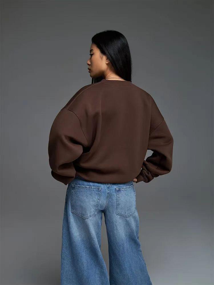 Women's Versatile Loose Plus Velvet Letter Print Sweatshirt - 2024 Autumn/Winter Lazy Style, Thickened, Round Neck