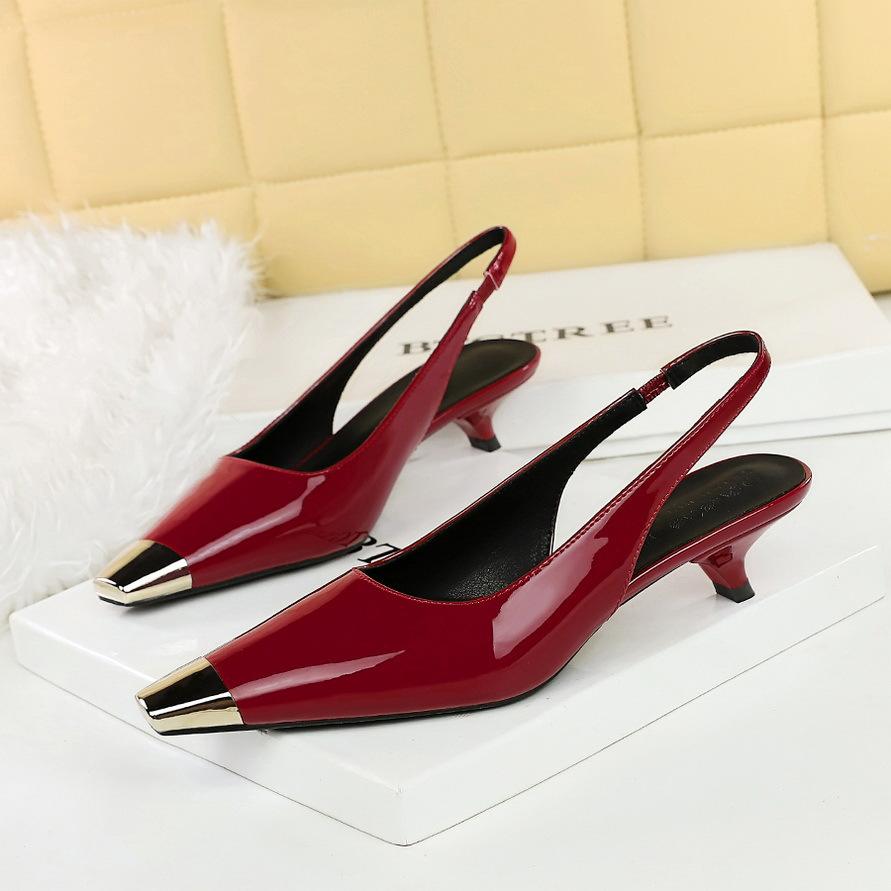 Fashion 2025 Fashion Banquet Thin Heel Shallow Mouth Women's Shoes Patent Leather Glossy Metal Head Rear Strap Thin Single Shoes Women