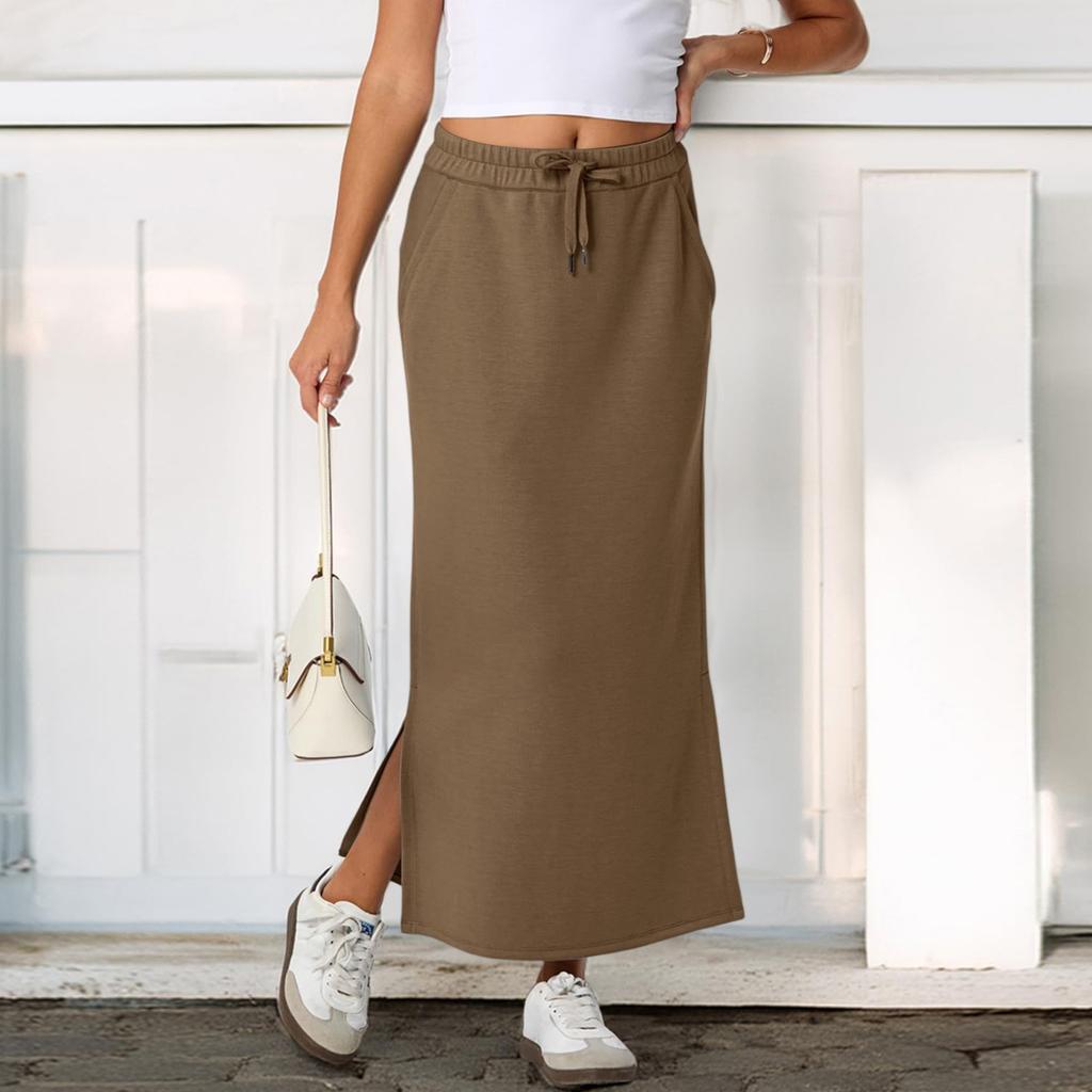 Womens Casual Maxi Skirts  High Waist Trendy Drawstring Side Slit Skirts With Pockets