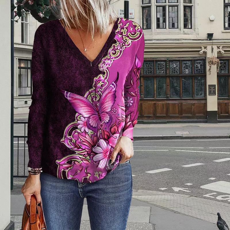 Blue Butterfly Print Women Tshirts Ladies Tops Long Sleeve V-neck Pullover Femme T-shirts T Shirt For Women