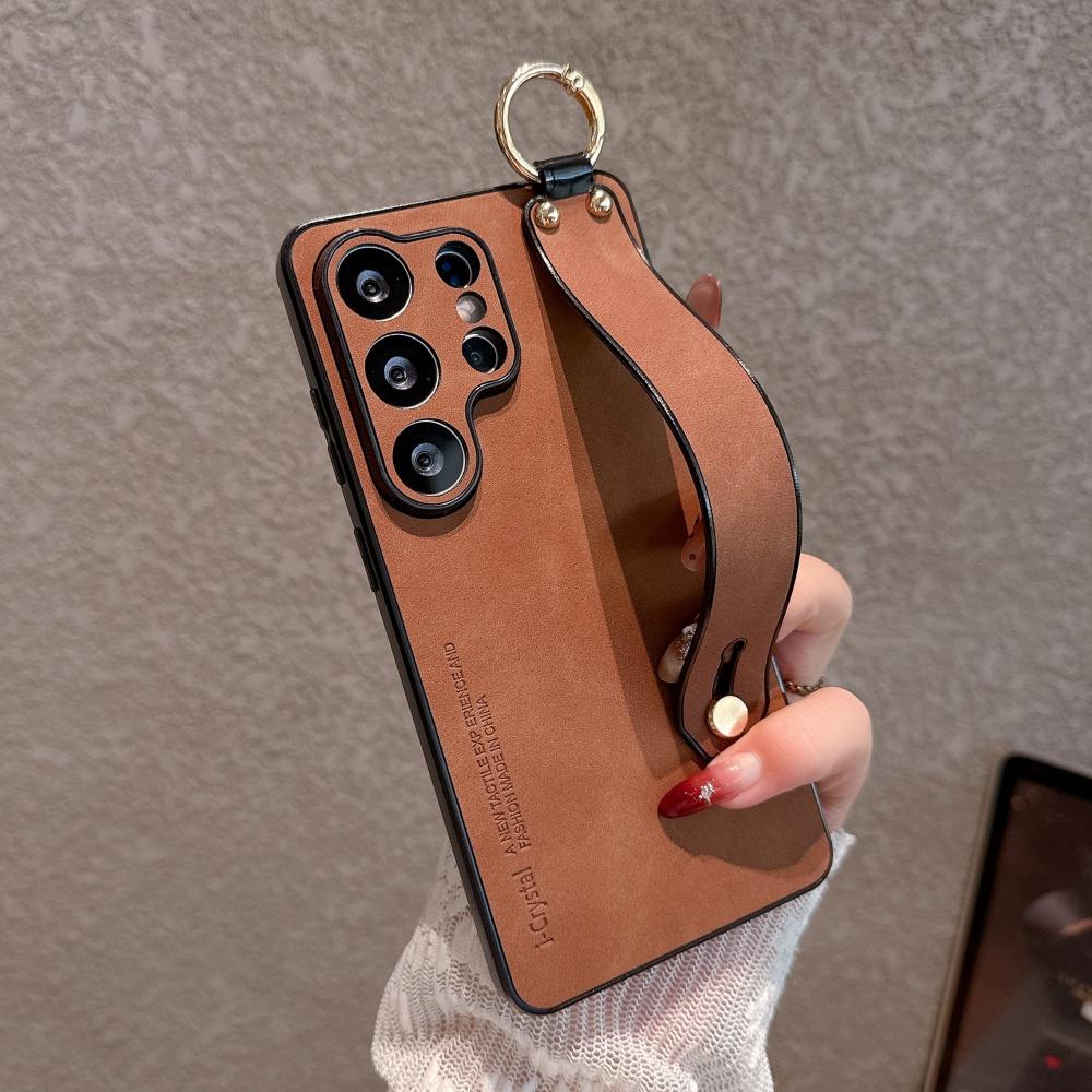 Étui Porte-Bracelet en Cuir Daim Silicone Souple Pour Samsung Galaxy S26 S25 S24 S23 S22 S21 Ultra S21 Plus Housse de Protection Caméra Galaxy S21+ 5G marron