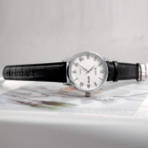 BUREI Men's Leather Watch, Popular Brand, Analog, Roman Numeral, Simple Design, Waterproof, Stylish, Commuter, Business, Silver White