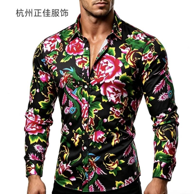 Mens Floral Print Long Sleeve Button Down Shirt