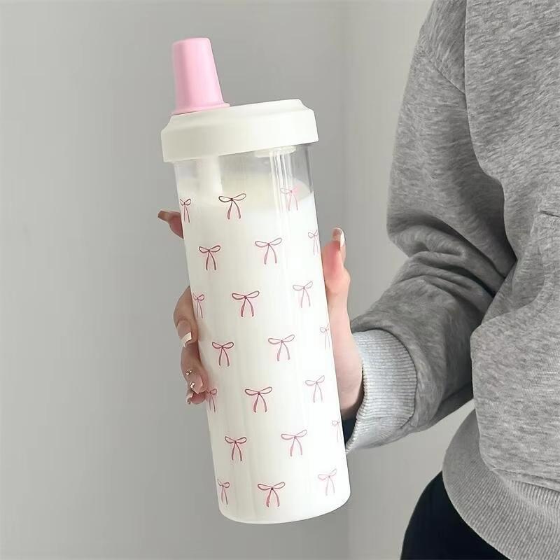 500/700ml Portable Plastic Bowknot Water Cup with Straw,Cute Coffee Pearl Milk Tea Drink Cup,Large Capacity Student Water Bottle