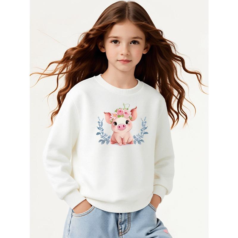 Girls' Crewneck Sweatshirt Cute Pig with Flower Crown And Leaves Machine Washable, Spring And Autumn