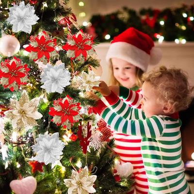 12/24 ks vánoční umělá květina třpytivé listy červená zlatá stříbrná barva vrstvená vánoční ozdoba na stromeček věnec falešný květinový večírek fotografické rekvizity