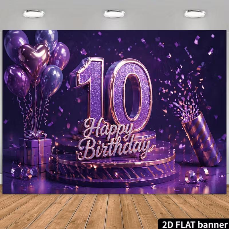 

2D Happy 10th Birthday Backdrop Purple Glitter Photo Background Cloth for Girls Party 47.2x31.5inch/120*80cm