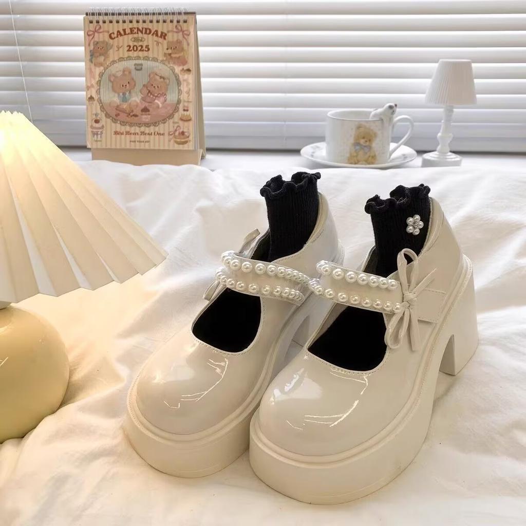 Versatile Bow Retro Round Head Pearl Single Shoes 2025 Summer New Thick Heel Mary Jane Small Leather Shoes Women