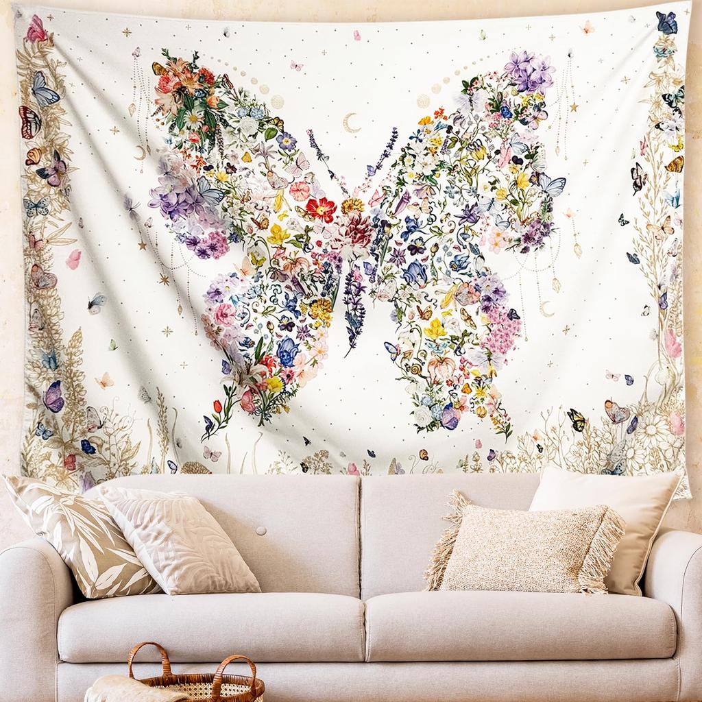 Floral Butterfly Tapestry, Boho Wildflower Moon Print Large Wall Hanging for Bedroom Living Room Aesthetic Home Decor