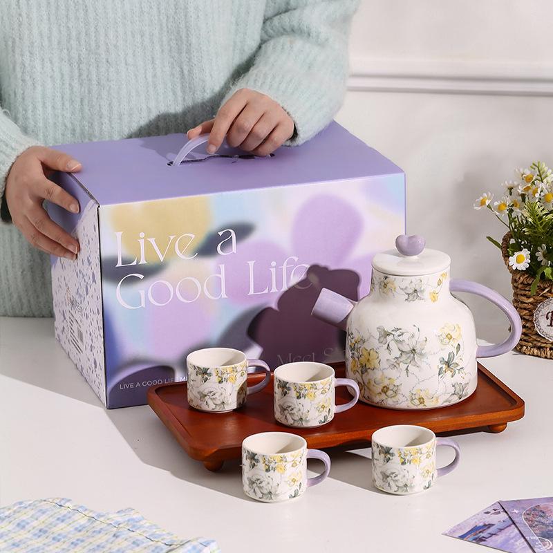 Iris High Value Tea Set Water Utensils Business Gift Set Retro Floral Ceramic Kettle Cup Souvenir