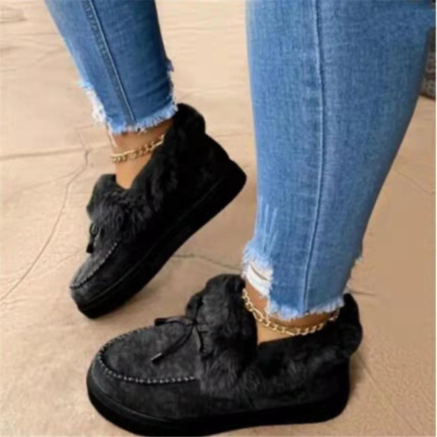 2025 Winter Women's Cotton-Lined Boots with Bow Detail Warm Flat-Soled Oversized Fleece-Lined Boots Women's Snow Boots