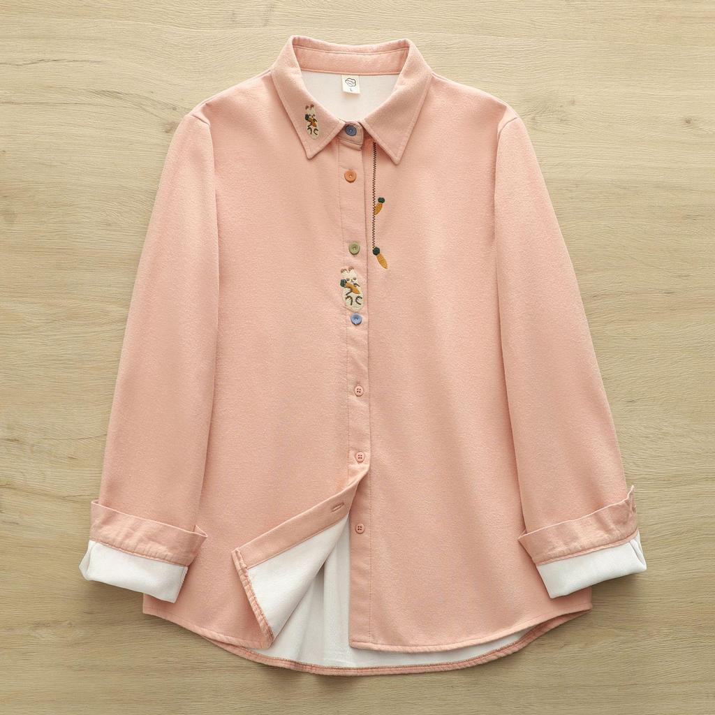 Women's Warm Autumn/Winter Velvet Shirt with Artistic Rabbit & Radish Embroidery