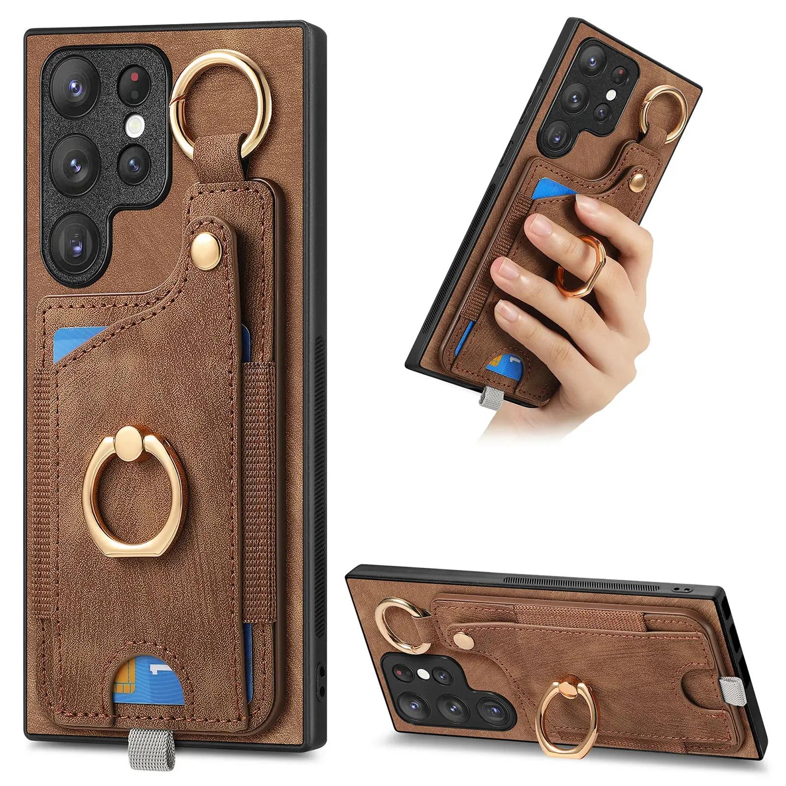 

Ring Holder Cards Solt Wallet Leather Case For Samsung Galaxy S25 Ultra S24 FE S23 S22 Plus A16 A26 A56 A06 A36 A17 A07 Cover For Galaxy A17 коричневий