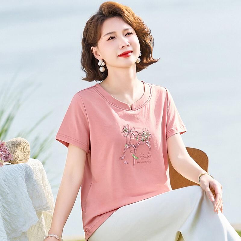 Women s Embroidered Loose Short-Sleeve T-Shirt 4XL