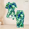 Women Plus Size Green Blue Printed Two Piece Skirt Set Round Neck Short Sleeve Tie Waist Top Fitted Skirt