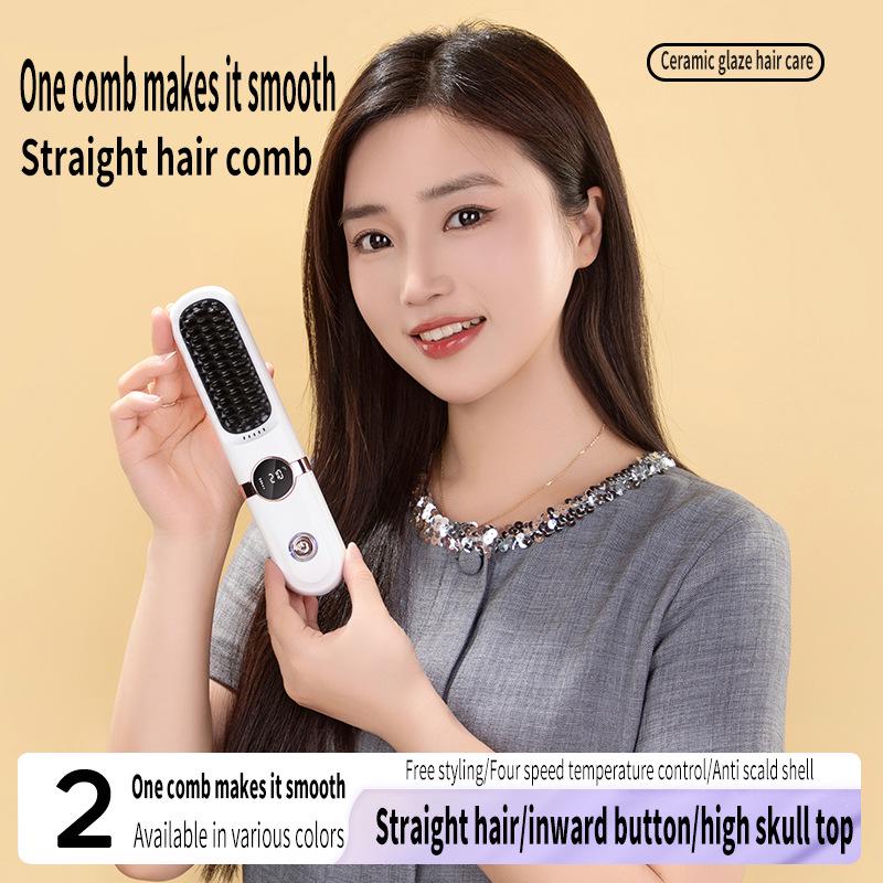 Portable Wireless Rechargeable LCD Hair Straightening Comb - Gentle on Hair