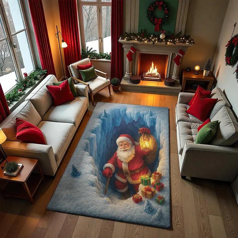 Tappeto di Natale Babbo Natale 3D Tappetino Divertente Illusion Ottica in Flanella Tappeto Stampato Gnomo della Neve di Natale Vecchio Uomo Decorazione Natalizia