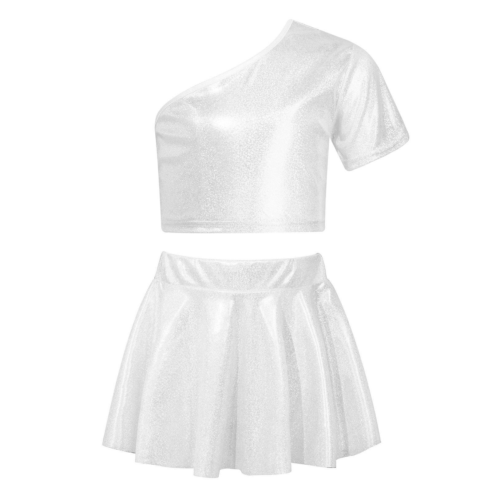 

Girls Jazz Dance Outfit Single Shoulder Short Sleeve Metallic Crop Top Skirt Cheerleading Performance Costume Set 13-14 Years